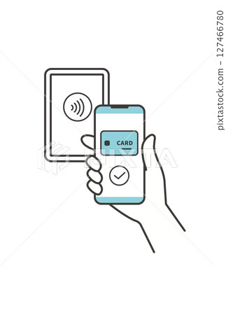 透過將智慧型手機放在讀卡機上進行銀行卡支付的圖示（非接觸式/NFC） 127466780