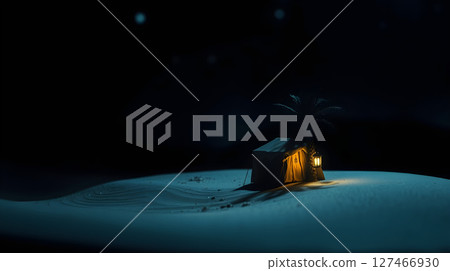Nighttime desert scene with a glowing tent and lantern, under a starlit sky. 127466930
