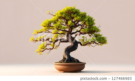 Stunning close-up shot of a well-manicured bonsai tree in a brown ceramic pot, elegant. 127466983