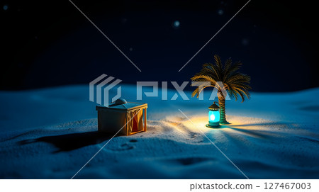 A serene desert night scene with a small tent, palm tree, and glowing lantern. 127467003