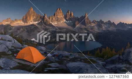 Sunrise mountain lake camping tent dramatic peaks reflection 127467360