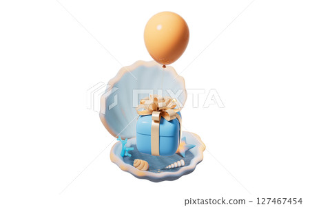 Scallop shell underwater with gift box inside, 3d Scallop shell underwater with gift box inside, 3d 127467454