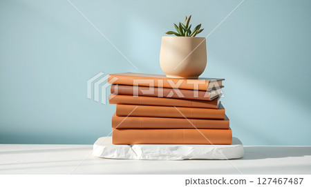 A stack of books with varying shades of orange beneath a small tan pot holding a plant. 127467487