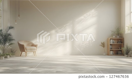 Sunlit minimalist room interior with beige armchair 127467636