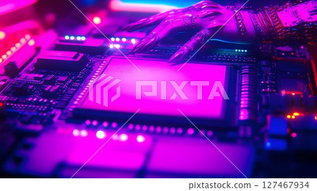 Cybernetic Hand Interacting with a Circuit Board in Neon Pink Li 127467934
