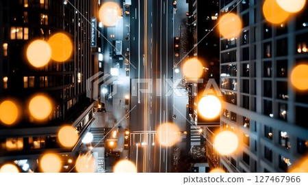 Cityscape at Night with Bokeh Lights and Urban Architecture 127467966