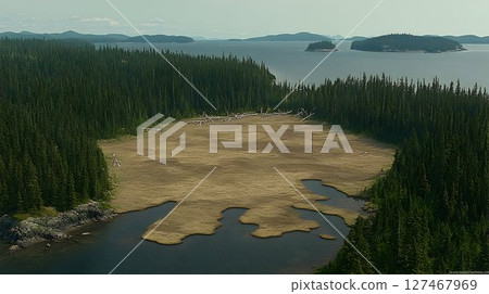 Aerial View of a Coastal Landscape with Forest, Lake, and Island 127467969