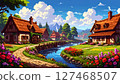 Retro game style natural pixel art background (calm afternoon village) Generative AI 127468507