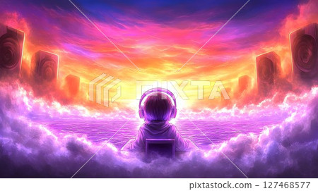 Dreamy Sunset Soundscape: Headphones, Ocean, and Towering Speake Dreamy Sunset Soundscape: Headphones, Ocean, and Towering Speake 127468577
