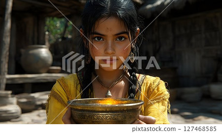 Young girl with braided hair holds a glowing golden bowl in a ru 127468585
