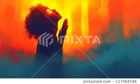 Radiant Silhouette of a Woman in Prayer, Vivid Hues Radiant Silhouette of a Woman in Prayer, Vivid Hues 127468586