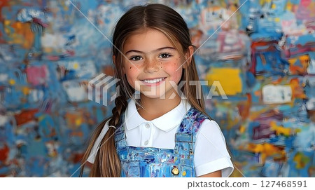 A Smiling Child in Artistic Denim Overalls 127468591