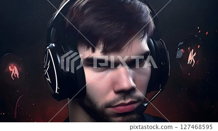 Intense Gamer Portrait: Focused Expression with Gaming Headset i 127468595