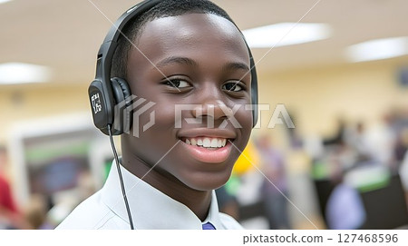 Smiling student with headphones in a classroom setting, radiatin Smiling student with headphones in a classroom setting, radiatin 127468596