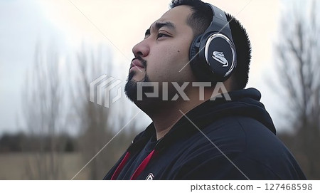 Man in Headphones Gazing Upward in a Blurred Winter Landscape 127468598