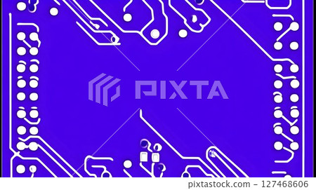 Detailed Purple Circuit Board with White Traces and Solder Point 127468606