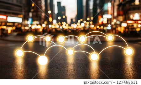 Glowing Network Nodes on Asphalt with Blurred Cityscape at Night 127468611