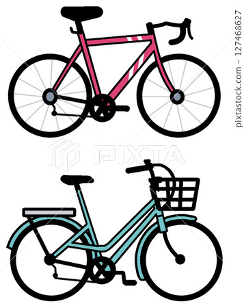 Two types of bicycle illustrations [red, green, city bike, sports type, motorcycle, cross bike, mamachari] 127468627