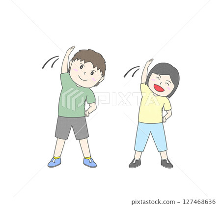 Illustration of children doing exercises enthusiastically Illustration of children doing exercises enthusiastically 127468636