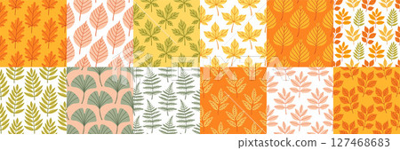 Simple abstract floral seamless pattern set with colorful autumn leaves. The leaves are arranged in rows on isolated background, cozy fall vibe. Hand drawn botanical leaves. 127468683