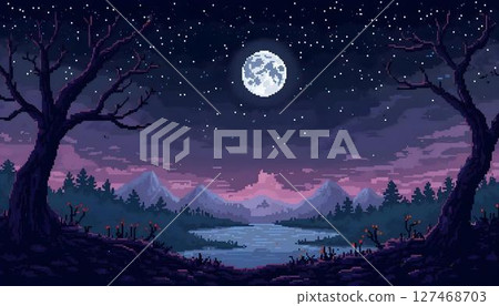 A luminous full moon in a clear night sky, with trees standing tall in the foreground, creating a serene landscape. pixel landscape 127468703