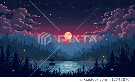 A peaceful night sky with a glowing full moon and dark tree silhouettes creating a calming atmosphere. Pixel landscape 127468704