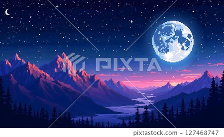 Pixel art of a tranquil mountain lake beneath a radiant moon, creating a peaceful and enchanting night landscape 127468747