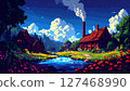 A natural pixel art background in retro game style (a quiet village with a starry sky and a waterwheel) Generative AI 127468990