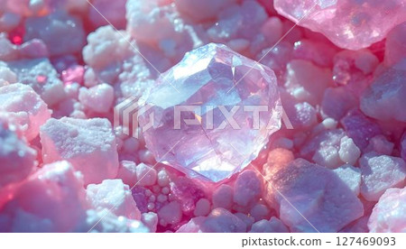 A pink crystal rests atop a textured pile of rocks, showcasing its vibrant color against the natural stone backdrop A pink crystal rests atop a textured pile of rocks, showcasing its vibrant color against the natural stone backdrop 127469093