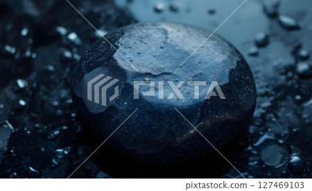 A smooth black stone glistening with water droplets, showcasing a natural and serene beauty 127469103