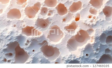 Detailed view of a porous white material, highlighting the intricate holes throughout its surface 127469105