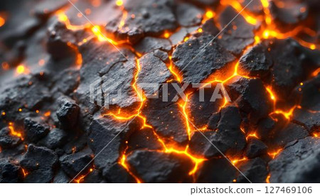 Close-up view of molten lava flowing with vibrant flames, showcasing the intense heat and dynamic movement of fire 127469106