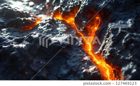 Detailed view of a lava rock, radiating a bright orange glow, highlighting its unique texture and volcanic origin 127469123