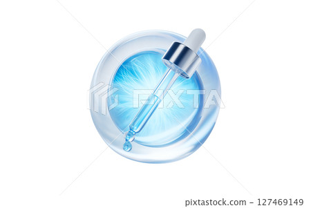 Cosmetics dropper and water bubbles, 3d rendering. Cosmetics dropper and water bubbles, 3d rendering. 127469149