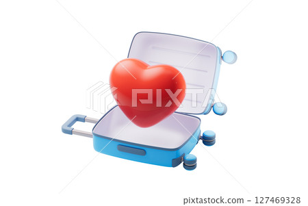 Opening luggage and love heart, 3d rendering. Opening luggage and love heart, 3d rendering. 127469328