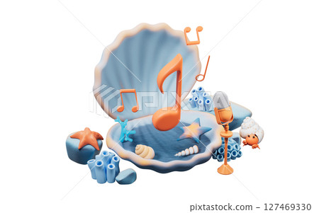 Scallop shell underwater and music notes, 3d 127469330