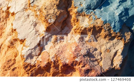 Close-up image of a rock wall, emphasizing the intricate textures and rust stains that illustrate its age 127469408