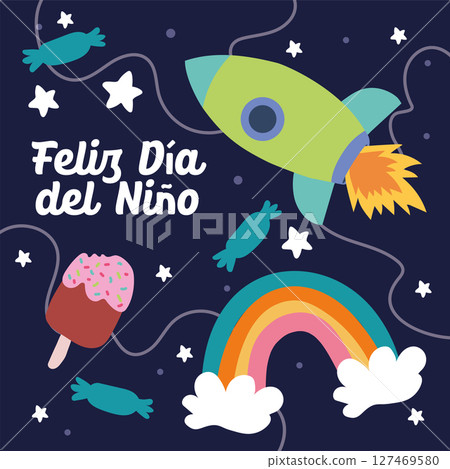 Rocket and rainbow night scene. Vector 127469580