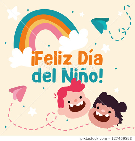 Happy kids and rainbow scene. Vector 127469598