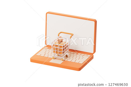 Shopping cart and e-commence gift boxes, 3d 127469630