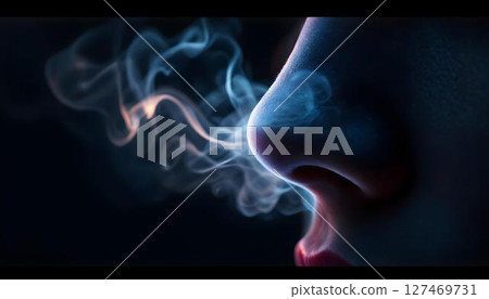 Close-up view of a woman's nose releasing smoke, showcasing the fine details and the graceful flow of the smoke Close-up view of a woman's nose releasing smoke, showcasing the fine details and the graceful flow of the smoke 127469731