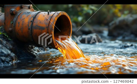 Oil is emitted from a pipe into a stream, illustrating the detrimental effects of water pollution 127469842