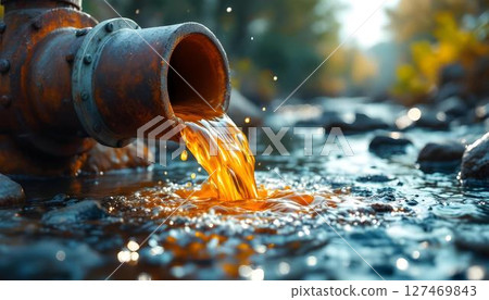 Oil is emitted from a pipe into a stream, illustrating the detrimental effects of water pollution 127469843