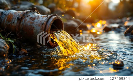 Oil seeps from a pipe into a stream, demonstrating the environmental consequences of water pollution 127469844