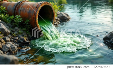 Polluted green water pours from a pipe into a stream, emphasizing the environmental consequences of water contamination 127469862