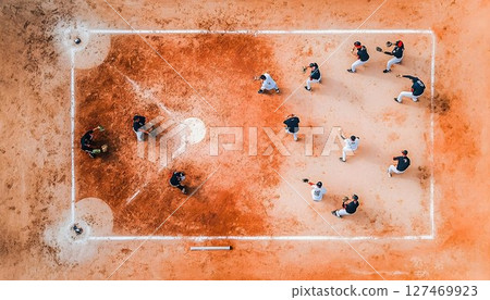 Dynamic Aerial View of a Baseball Practice Session in Action 127469923