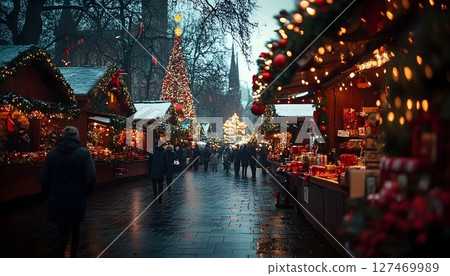 Enchanting Christmas Market Scene with Festive Lights and Holiday Cheer 127469989