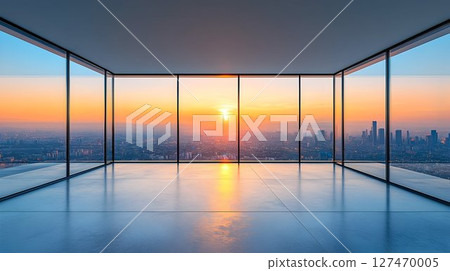 Panoramic Cityscape View at Sunset from Modern High-Rise Office Interior 127470005