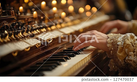 Elegance in music: Hands poised over keys of a vintage decorated piano 127470037