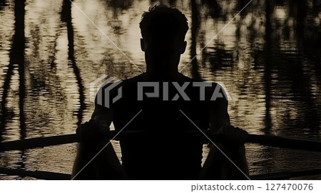 Silhouette rower on calm water, back view in a vintage sepia tone 127470076